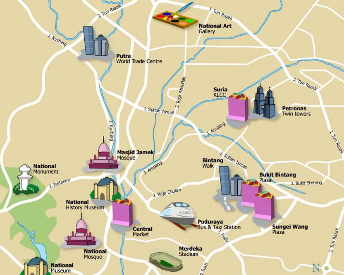कुआलालंपुर में पर्यटन स्थलों का नक्शा